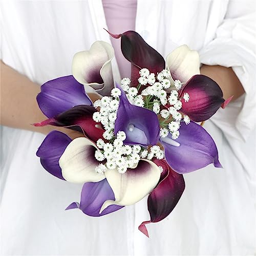 Wedding Bouquets for Bride Bridesmaid, Purple Calla Lily Water Drop Waterfall Bridal Artificial Flowers Bouquet Cascading Bouquet for Wedding Ceremony Anniversary Party Home Decor, E - color: Purple Calla Lily Bouquet E