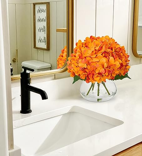Hollyone Hydrangea Artificial Flowers in Vase Orange Silk Fake Flowers Arrangements with Glass Vase with Faux Water Faux Floral Bulk Bouquet for Office Table Centerpiece Shelf Home Decoration - color: Hydrangea, Orange