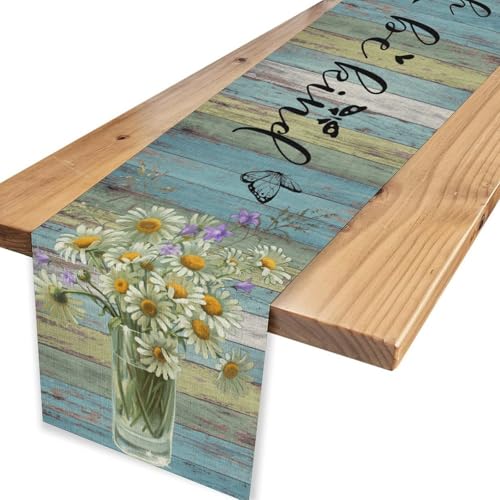 White Daisy Table Runner, Rustic Spring Sunflowers Floral Flower Vase Wooden Boards Boho Butterfly Farmhouse Coffee Table Center Decor for Family Kitchen Holiday Party Table Decorations, 13"x36" - color: Daisy-12, size: 13“ X 36"