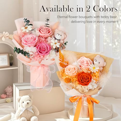 Preserved Flowers Bouquet with Bear, 3 Real Forever Flowers for Delivery, Long-Lasting Pink Eteranl Roses Bouquet, Anniversary Birthday Gifts for Women Mom Her Girlfriend Wife - color: Pink