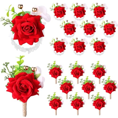 Sherr 20 Pcs Red Rose Wrist Corsage and Boutonnier Set Wedding Flower Corsage Wristlet Band Bracelet Bridegroom Men's Boutonniere Wristlet Hand Flower for Wedding Bouquets Supplies - color: Bright Red