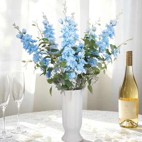 10 pcs Artificial Delphinium Flowers with Clematis Greenery, Light Blue Fake Larkspur Flowers & Clematis Leaves for Tall Vase, Wedding Arch Bouquet Floral Arrangement Home Party Table Centerpiece - color: Light Blue+green, size: 33.86 inch