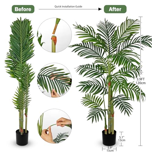 Hollyone Fake Palm Tree Decor 4FT with Planter Artificial Palm Tree Faux Tropical Areca Floor Plant in Pot with 3 Textured Trunks Silk Plant for Home Garden Outdoor Indoor Office Decor - color: 4ft