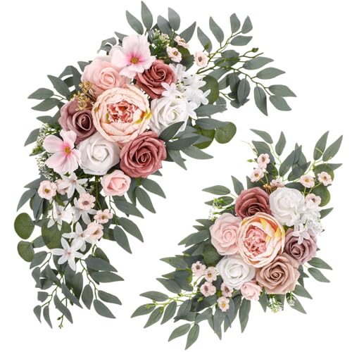 2 Pcs Wedding Arch Decorations - Reusable Artificial Hanging Flowers Floral Swag Greenery Garland for Wedding Welcome Sign Backdrop Bridal Ceremony Reception Backdrop Decoration(Soft Pink) - color: Soft Pink+blush Pink+dusty Rose+coral-peach+white,