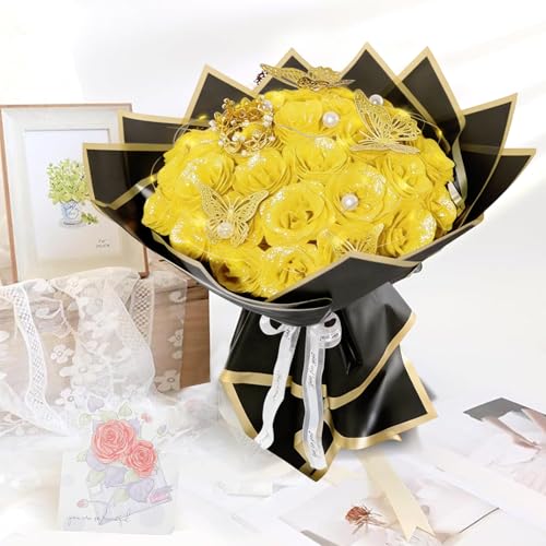 Yellow Glitter Roses Bouquet, 36 Pcs Shiny Glitter Flowers Bouquet, Everlasting DIY Artificial Roses Bouquet for Christmas, Birthday, Anniversary, Wedding, Engagement - color: Yellow-a, size: 36 PCS