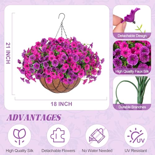 Artificial Fake Hanging Flowers with Basket for Outdoor Decor 12 Pcs UV Resistant Faux Silk Morning Glory Flowers Plants for Outdoor Outside Planters Home Porch Patio Balcony Spring Summer Decor