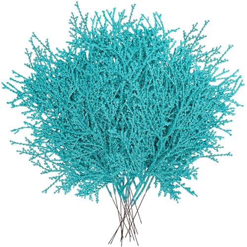 Winlyn 15 Pcs Teal Glitter Artificial Cedar Picks Sprays Christmas Floral Picks Faux Cedar Branches Stems Teal Christmas Tree Picks 15.4" H for Floral Arrangement Wreath Swag Winter Centerpiece - color: Teal