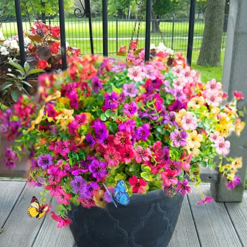 Yastouay 24 Bundles Artificial Flowers for Outdoors, UV Resistant Artificial Outdoor Flowers No Fade Fake Outdoor Flowers Plants for Garden Porch Window Box Farmhouse Pot Planters Decor (Multi ColorA) - color: Fuchsia+pink+rose Red+yellow, size: 24 Bundle