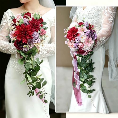 Burgundy Maroon Artificial Silk Flowers Mauve Roses Dark Red Peonies Combo Box DIY Wedding Bouquets Bridal Shower Cake Decor Gothic Centerpieces Fake Floral Arrangements Party Tables - color: Burgundy, Maroon