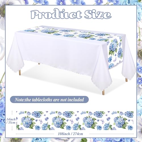 Boao 6 Pcs Plastic Hydrangea Table Runner 14 x 108 Inch Spring Floral Table Runner Watercolor Flower Butterfly Decoration for Women Spring Wedding Bridal Shower Easter Birthday Party Supplies - color: Blue, style: Hydrangea