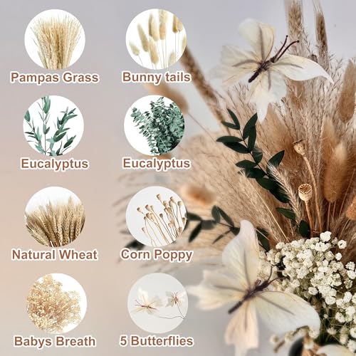 Pampas Grass Dried Flower Bouquet for Boho Home Decor | Eucalyptus, Butterflies & Bunny Tails Arrangements for Vase, Moody Office,Bedroom Table Centerpiece Décor - color: Natural