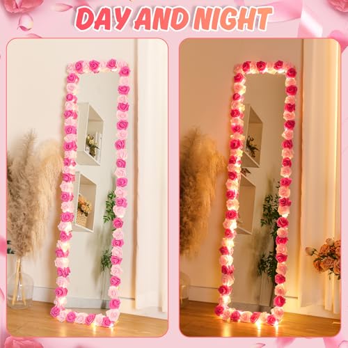 LemonRoad 92 Pcs Pink Roses Artificial Flower Mirror Border Foam Flower Heads with LED Light DIY Mirror Frame Door Frame Decoration for Bedroom Bathroom Wedding Birthday Clothing Store Decoration