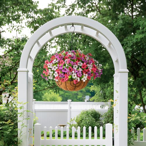 Artificial Faux Hanging Plants Flowers Basket for Outdoor Spring Summer Decoration,Fake Silk Daisy in Planter Realistic UV Resistant for Outside Home Porch Patio Balcony Yard(Purple White Rose) - color: Purple White Rose