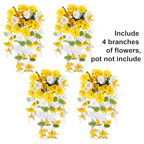 Fake Hibiscus Artificial Hanging Flowers Plants for Outdoors Spring Decoration, 4pcs Silk Hibiscus Vines Realistic UV Resistant Faux Flowers for Outside Planter Porch Patio Yard Wedding Party, Mix - color: Yellow + White, size: 4 pcs