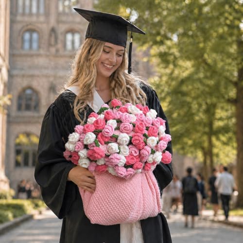 Crochet Flower Bouquet Throw Blanket, Cute Romantic Gift for Her Girlfriend Mom Mother’s Day Valentine Wedding Anniversary Birthday (Pink, 32 inches) - color: Pink, size: 32 inches