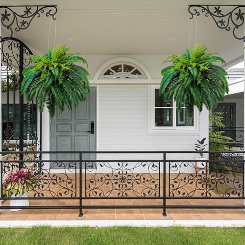 2 Pack Artificial Boston Ferns Outdoor, 48 Inch Large Fake Fern Plants with 88 Leaves, Faux Fern for Porch Planters, Patio, Front Door, Indoor Outdoor Decor - size: 48"-88 Leaves