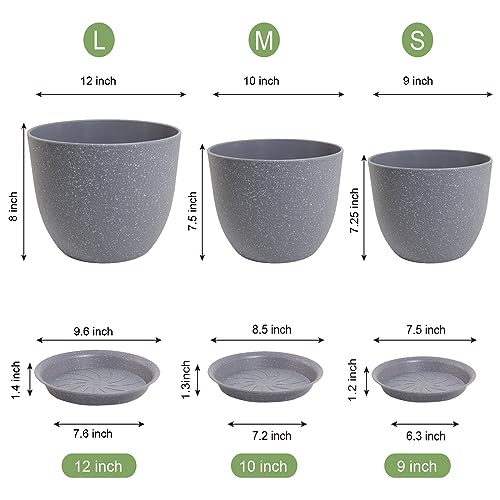 WSMKSZ 12/10/9 inch Large Plant Pots, 3 Pack Modern Decorative Plastic Planters with Drainage Holes and Saucer for House Garden Plants, Flower Pots for Indoor Outdoor Plants, Speckled Grey - color: Speckled Grey, size: 12"+10"+9"