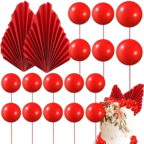 Rsstarxi 28 Pack Paper Palm Fan Cake Topper Balls Cake Topper Mini Balloon DIY Cake Insert Cake Decorations for Baby Shower Wedding Bridal Shower Birthday Party Decorations Red - color: Red