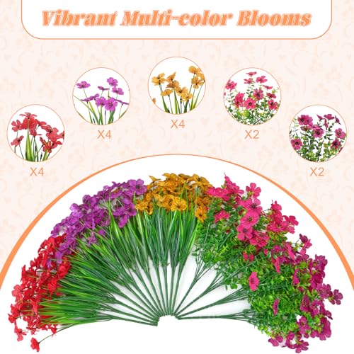 Ammyoo 16 Bundles Artificial Flowers for Outdoor Decoration, Fake Flowers No Fade UV Resistant Faux Silk Flower Plants for Outside Planters Garden Yard Porch Patio Balcony Indoor Decor(Mix) - color: 5 Colors（red, Purple, Yellow, Rose Red, Fuchsia)