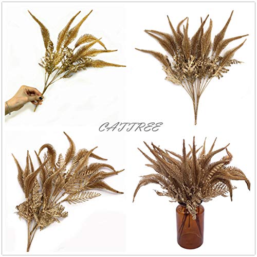 CATTREE Artificial Plants for Christmas, Plastic Grass Faux Shrubs Fake Leaves Simulation Setaria Bushes Home Indoor Outdoor Garden Wedding Festival Decoration Hall Table Planter Filler – Gold 2 Pack - color: Gold Tail Grass -2 Pcs