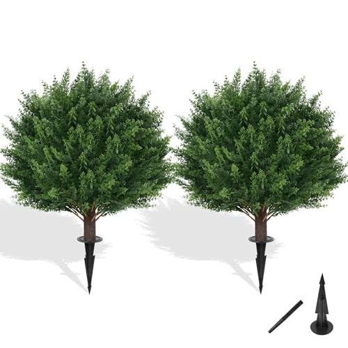 Grooy Artificial Cypress Topiary Tree with Ground Spike, Set of 2 Artificial Shrub Bushes, Fake Evergreen Tree for Porch, Artificial Plants for Outdoor Planters Indoor UV Resistant - color: Cedar Ball