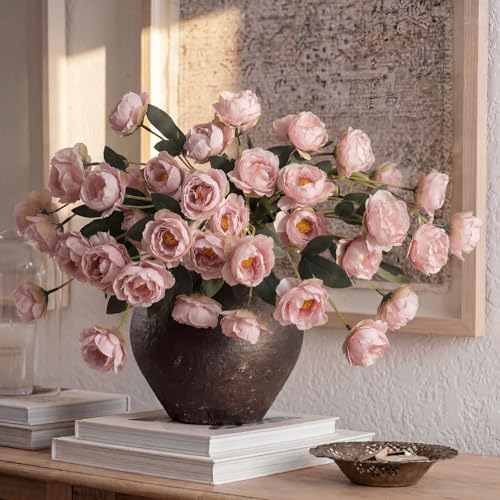 6 Pcs 32" Large Bean Paste Artificial Peonies Stems Flowers, Real Look Faux Silk Peony Bouquet 42 Heads Total for Vase Filler, Farmhouse Rustic Neutral Home Decor, Wedding Centerpieces - color: Bean Paste