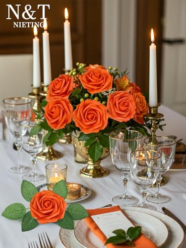 N&T NIETING Artificial Fall Flowers Fake Flowers Orange Roses Perfect for DIY Wedding Bridal Bouquets Centerpieces Bridal Shower Party Home Flower Arrangement Thanksgiving Decorations, 25Pcs - color: Burnt Orange, size: 25pcs