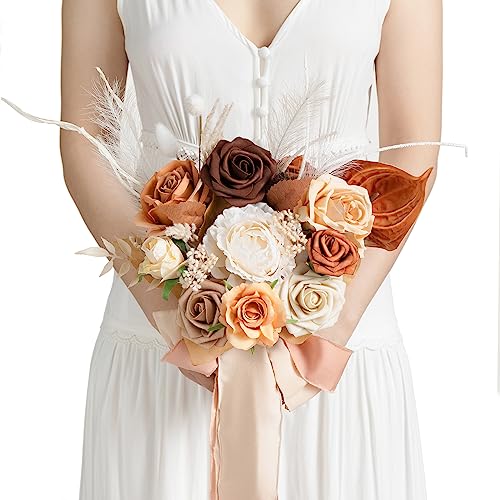 Ling's moment Brown Artificial Wedding Flower Bouquets for Bridesmaids Boho Floral Bouquet Ivory Bridal Bouquets for Bridesmaids with Ribbon Ceremony Anniversary,7-inch Diameter - color: Or-rust Boho & Terracotta