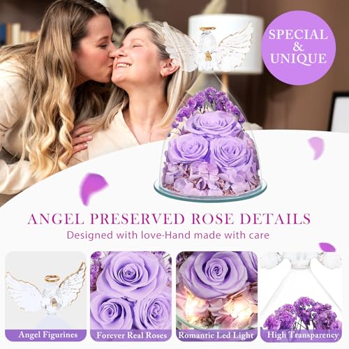 Mothers Day Flowers Gifts for Mom Flowers for Delivery Preserved Flowers Forever Real Fresh Roses in Glass Angel Figurines Birthday Gifts for Women Anniversary Present for Grandma Wife from Daughter - color: Light Purple (Rose, Baby's Breath, Hydrangea)