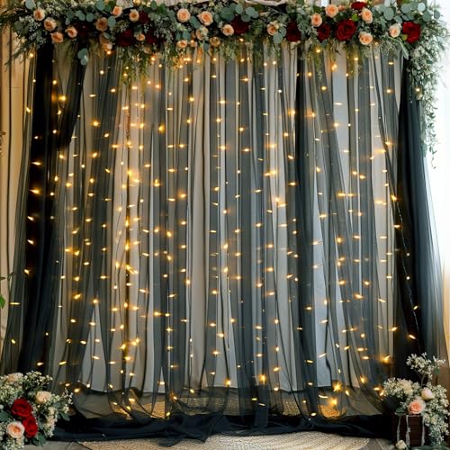 Black Backdrop Curtains with Lights String for Parties Wedding Bridal Shower 10×10ft Sheer Tulle Backdrop Curtain Panels for Baby Shower Birthday Party Photo Shoot Background Wall Decorations - color: Black, size: 10 ft X 10 ft(2 Panels 5ft X 10ft)