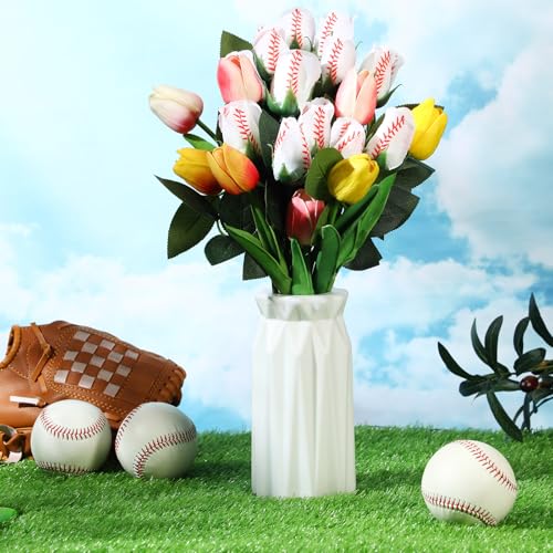 Suhine 12 Pcs Artificial Baseball Rose Flowers Sports Party Favors Bulk for Birthday Graduation Wedding Party Decorations Table Centerpieces Game Prizes Senior Night Gifts(Baseball Color, Normal) - color: Baseball Color, size: Normal
