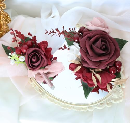 2Pcs Wedding Corsage and Boutonniere Set Burgundy Rose Corsage Wristlet and Boutonniere for Men Women Groom Bride Bridesmaid Groomsmen Wedding Party Accessory Prom Decoration (Burgundy) - color: Burgundy