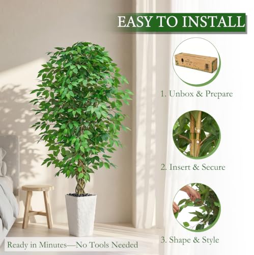 6FT Artificial Ficus Tree Indoor, Large Fake Ficus Tree with Natural Wood Trunk & Realistic Silk Leaves, Tall Faux Tree for Living Room, Office, Home Decor, White Pot Included