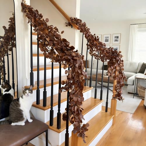 CQURE 3Pcs Eucalyptus Garland,Artificial Eucalyptus Leaves Table Greenery Garland Wreath Vines for Wedding Party Table Fireplace Bedroom Wall Room Decor - size: 17.7 Ft-Brown