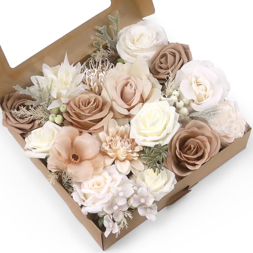 JUSTOTRY Artificial Flowers Box Set Silk Flower Foam Fake Rose with Stems Floral Accessories for DIY Wedding Bouquets Centerpieces Tables Decorations