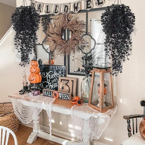 RECUTMS Fake Hanging Eucalyptus Plant 4 Pack Faux Flowers Leaf Greenery Vine Decor Fake Greenery 2.5FT for Indoor Outdoor Halloween Party Fall Room Wall Wedding Patio Porch Decor Black - color: Style3-black