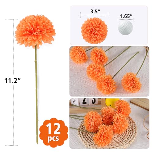 Rowfad 12 Pcs Artificial Chrysanthemums Fall Flowers Silk Orange Marigolds Flowers Fake Mums Flower for Autumn Dia de Los Muertos Diwali Day of The Dead Home Decor (12, Orange) - color: Orange