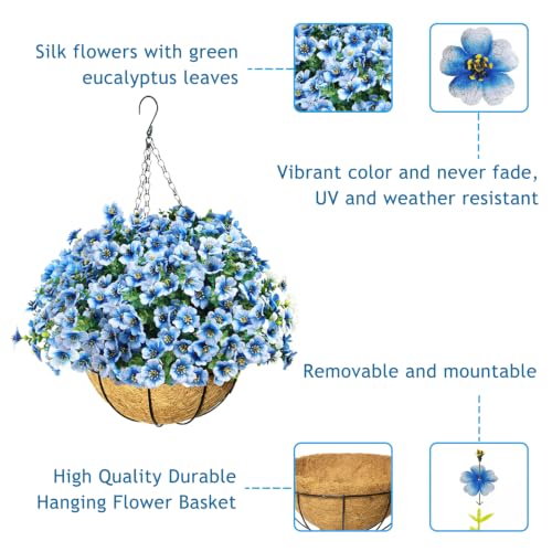 Artificial Hanging Flowers for Outdoors with Basket,UV Resistant Realistic Faux Hanging Plants Outdoor Artificial Flowers for Outdoors Basket for Yard Porch Patio,12 Bundles(Blue White) - color: Blue and White