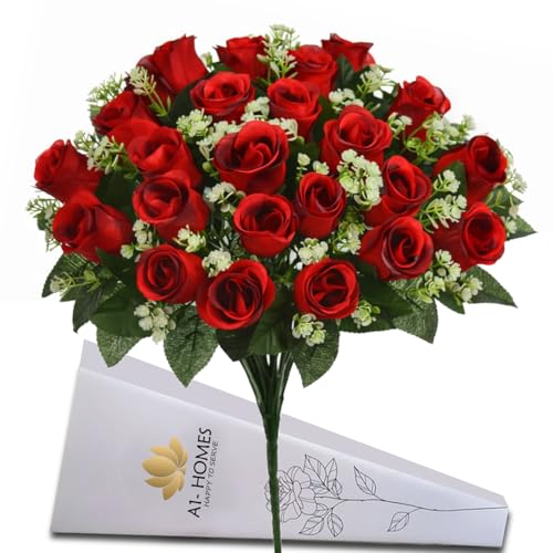 16" Artificial Silk Red Rose Bush with Gyp & Foliage 24 Flower Heads- Wedding Grave Home Decoration (1, Red) - color: Red