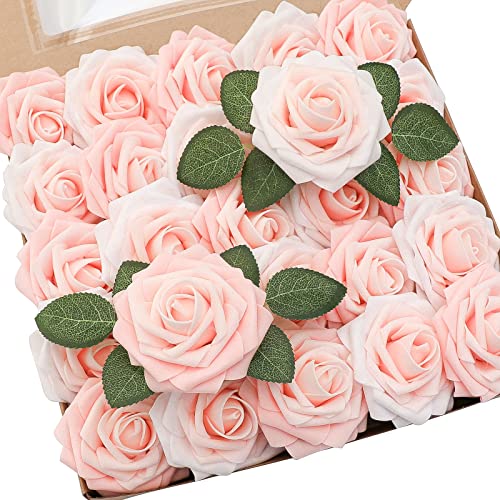 Floroom Artificial Flowers 50pcs Real Looking Blush Shades Foam Fake Roses with Stems for DIY Wedding Bouquets Bridal Shower Pink Centerpieces Floral Arrangements Party Tables Home Decorations - color: Blush Shades, size: 50Pcs