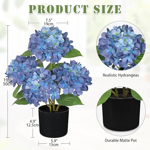 Hollyone Navy Blue Hydrangea Artificial Flowers in Pots 19.7" Four-Head Faux Silk Hydranges Flower Arrangements for Indoor Home Office Kitchen Table Centerpieces Wedding Decorations - color: Blue, size: 4 Head Hydrangea