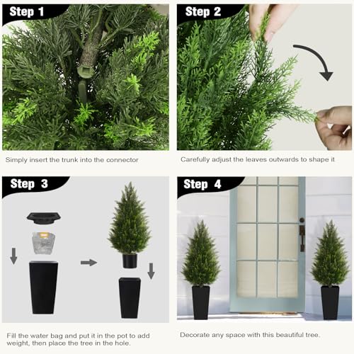 4FT Tall 2 Pack Artificial Cedar Topiary Trees with Compact Pyramidal Shape, Realistic Faux Cypress in Square Black Pot with Fillable Water Bag, Outdoor Evergreen for Front Porch Garden Home Decor - color: Black-pyramid Topiary, size: 4ft-2pack