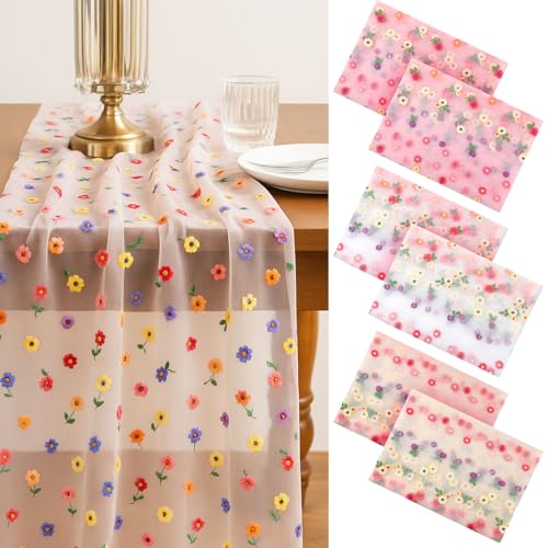 6 Pcs Embroidery Daisy Tulle Table Runners Bohemian Country Florals Tulle Lace Table Runner 120 Inch 10 Ft White Champagne Pink Lace Fabric for Home Dining Wedding DIY Craft - style: Daisy