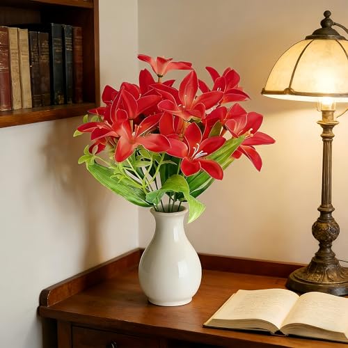 5PCS Rose Red Artificial Lilies Fake Lily Flowers, 18 Heads Bouquet Home Decor Easter Spring Wedding Centerpieces Indoor Outdoor Faux Floral Arrangements, Mother's Day Valentine's Day Gift