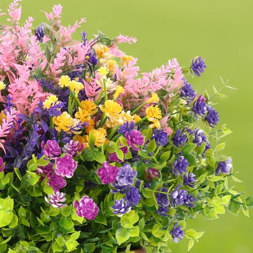 CEWOR Artificial Flowers for Outdoor Indoor, Fake Silk Multiple Color Flowers, Faux Flower for Garden Front Door Porch Planter Patio Home Decor (24 Bundles, Purple Fuchsia Pink Yellow) - color: Multi Color