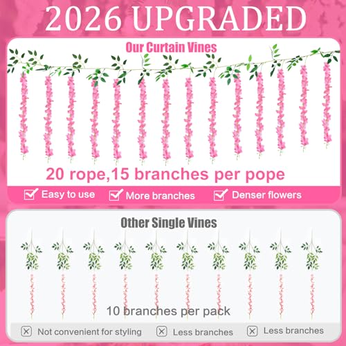 300 Branches Wisteria Hanging Flowers,20Pcs Total 120ft Pink Wisteria Artificial Flowers Garland Vine Silk Hanging Flowers for Wedding Party Arch Ceremony Garden Home Backdrop Decor - color: Pink, size: 20