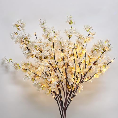Sunm Boutique 3 PCS Silk Cherry Blossom Branches, Lighted Brown Twig Branches, Artificial White Cherry Blossom Flower, Cherry Blossom Stems Decor Faux Cherry Blossom Tree for Wedding Home Decor, 39' - color: White Cherry Blossom With Tree Led Light, size: