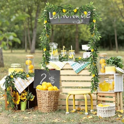 RECUTMS 2Pcs 5.9Ft Artificial Ivy Vines with Lemon and Willow Eucalyptus Italian Ruscus Fern Leaves Fake Rattan Greenery Indoor Outdoor Home Wall Patio Garland Wedding Bar Beach Summer Decor - color: Willow Garland With Lemon