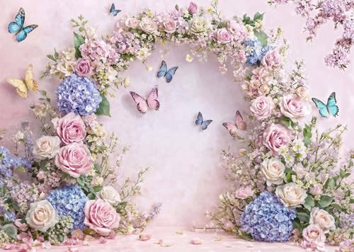5x3ft Pink Butterfly Floral Backdrop Baby Shower Colorful Flowers Backdrops for Photograph Background Wedding Girl Birthday Table Cake Party Decorations Photo Studio Props - color: Pink03, size: 5X3FT