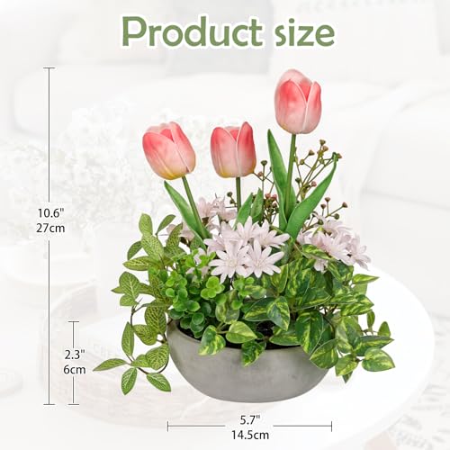 Flower Centerpieces 10.6" Artificial Plants & Flowers in Pot Mixed Artificial Tulip with Pink Flowers Green Plant, Realistic Farmhouse Flowers Arrangements for Table Office Desk Kitchen Home Decor - color: Pink